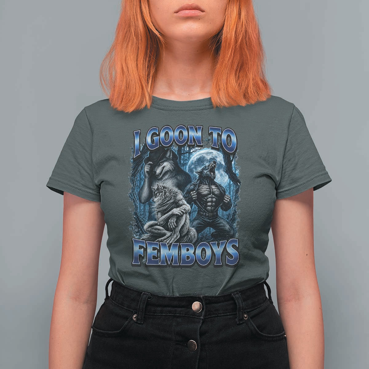I Goon to Femboys Funny Edging Alpha Wolf T Shirt For Women Stupid Brainrot Meme