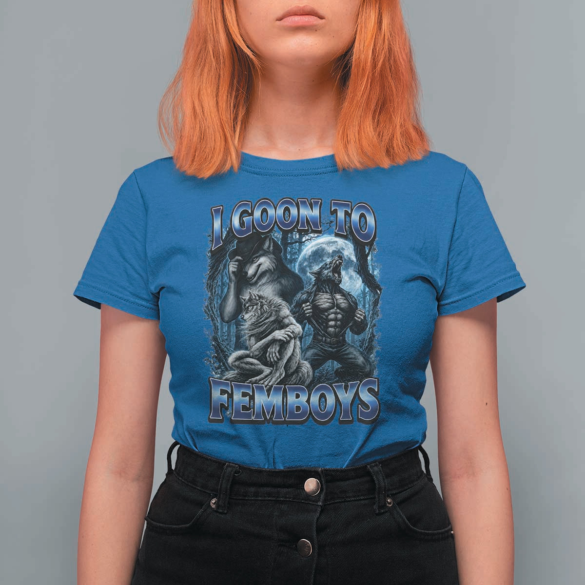 I Goon to Femboys Funny Edging Alpha Wolf T Shirt For Women Stupid Brainrot Meme