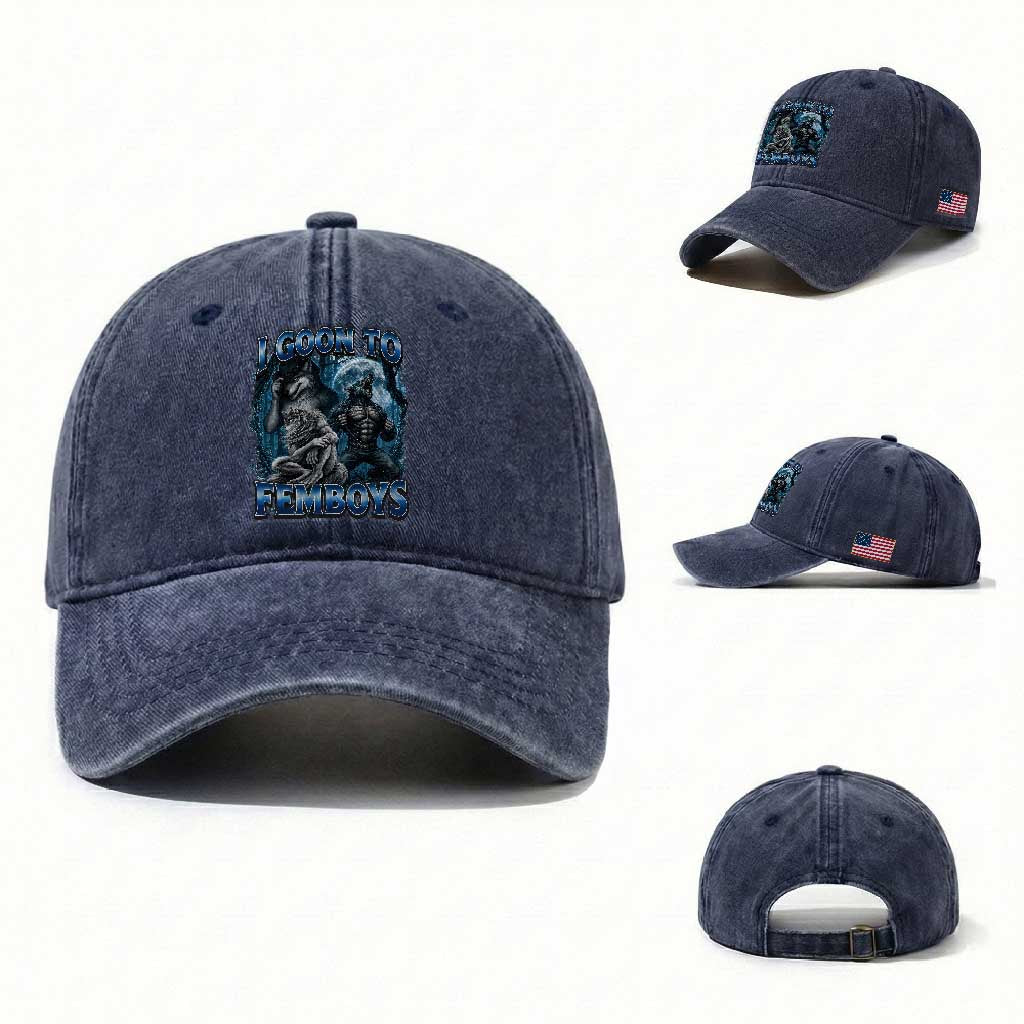 I Goon to Femboys Funny Edging Alpha Wolf Washed Cotton Baseball Cap Stupid Brainrot Meme