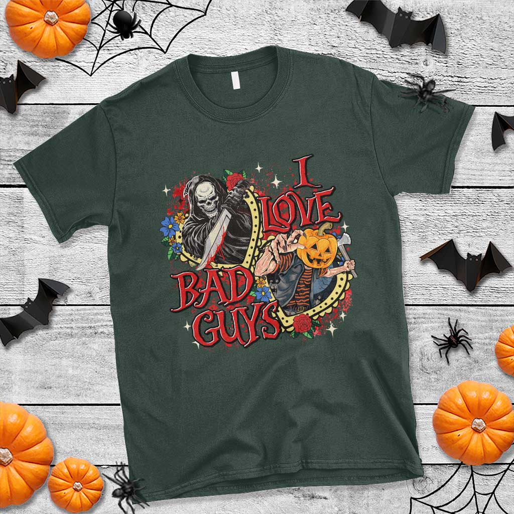 Funny Halloween T Shirt I Love Bad Guys Scary Murderer Horror Skeleton Pumpkin Heart Rose - Wonder Print Shop