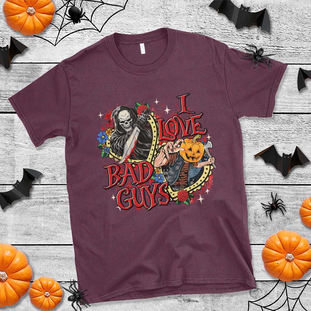 Funny Halloween T Shirt I Love Bad Guys Scary Murderer Horror Skeleton Pumpkin Heart Rose - Wonder Print Shop