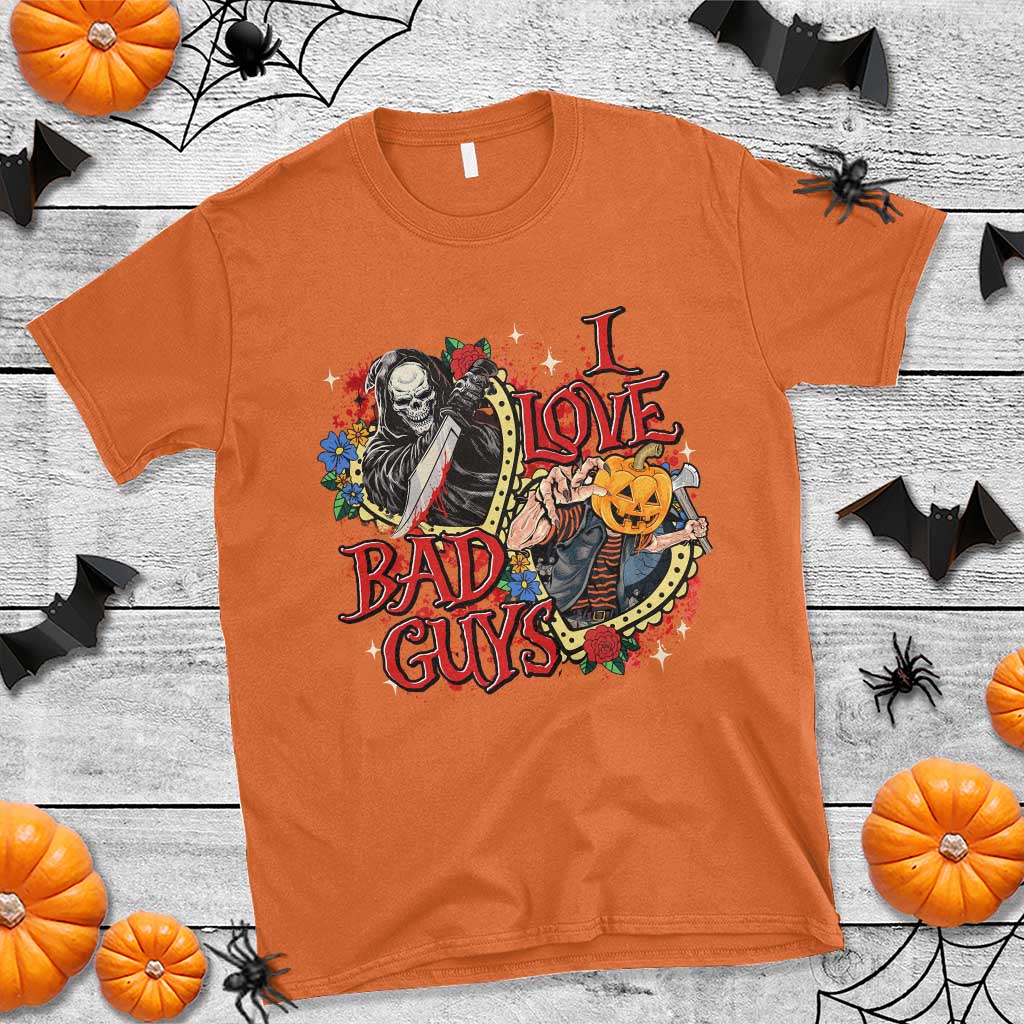 Funny Halloween T Shirt I Love Bad Guys Scary Murderer Horror Skeleton Pumpkin Heart Rose - Wonder Print Shop