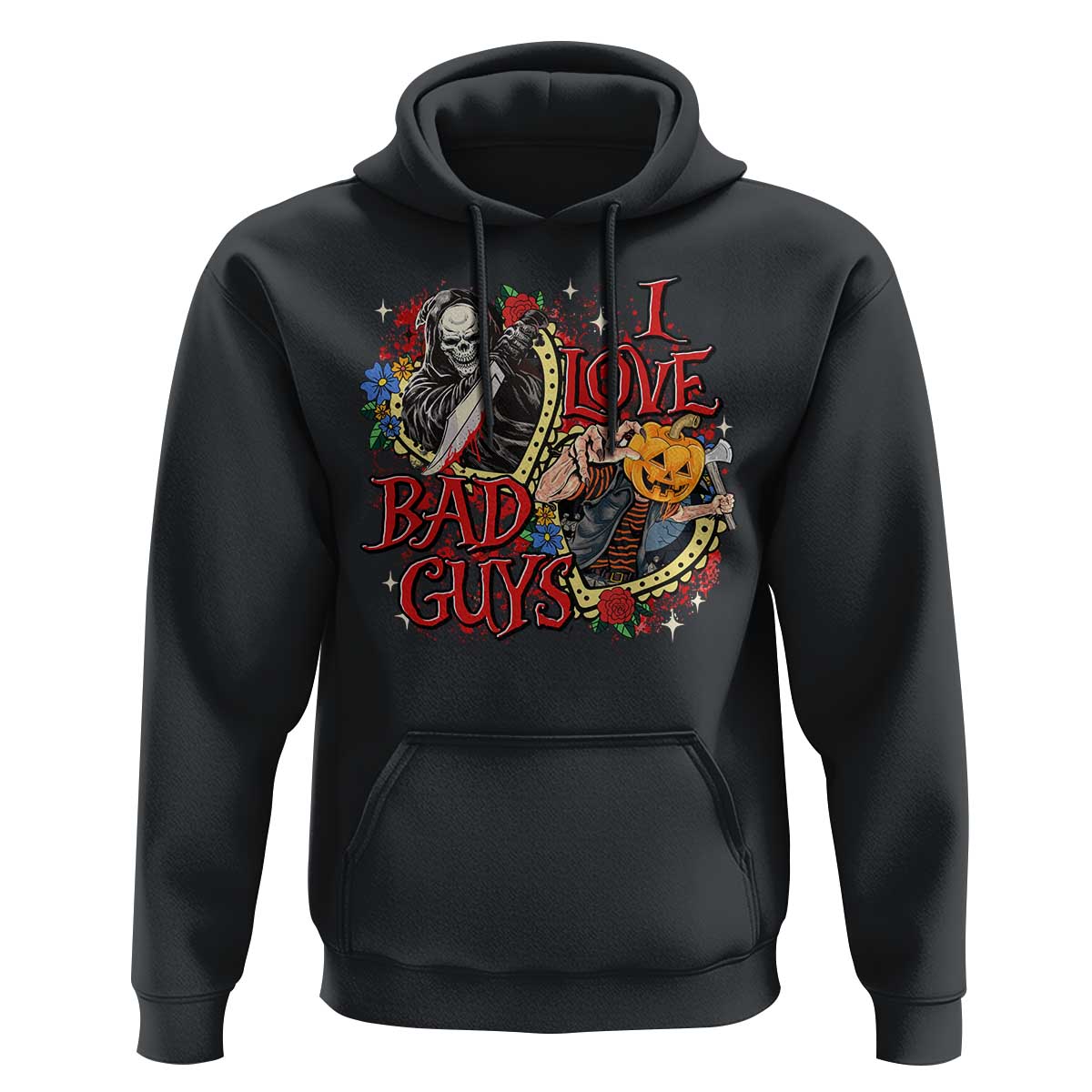 Funny Halloween Hoodie I Love Bad Guys Scary Murderer Horror Skeleton Pumpkin Heart Rose - Wonder Print Shop