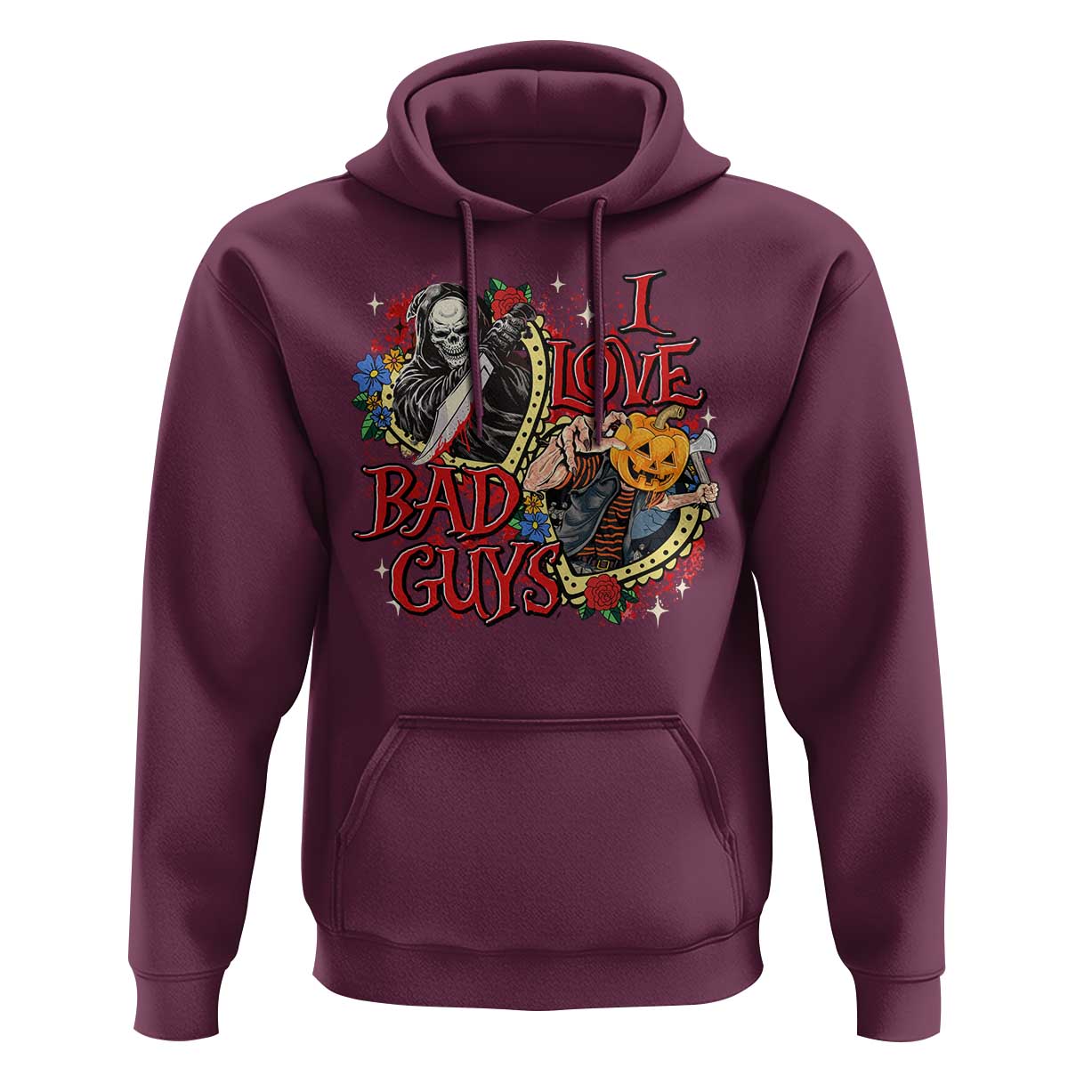 Funny Halloween Hoodie I Love Bad Guys Scary Murderer Horror Skeleton Pumpkin Heart Rose - Wonder Print Shop