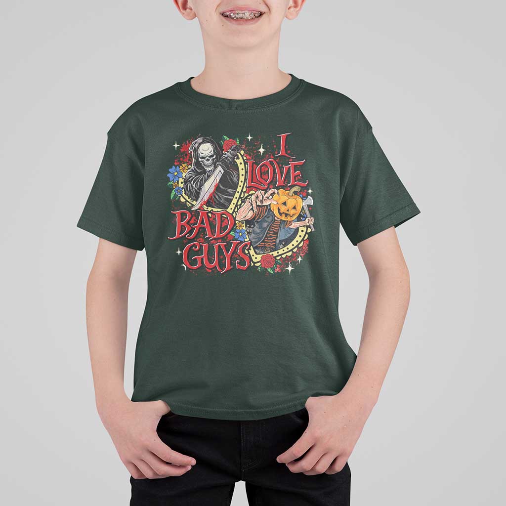 Funny Halloween T Shirt For Kid I Love Bad Guys Scary Murderer Horror Skeleton Pumpkin Heart Rose - Wonder Print Shop