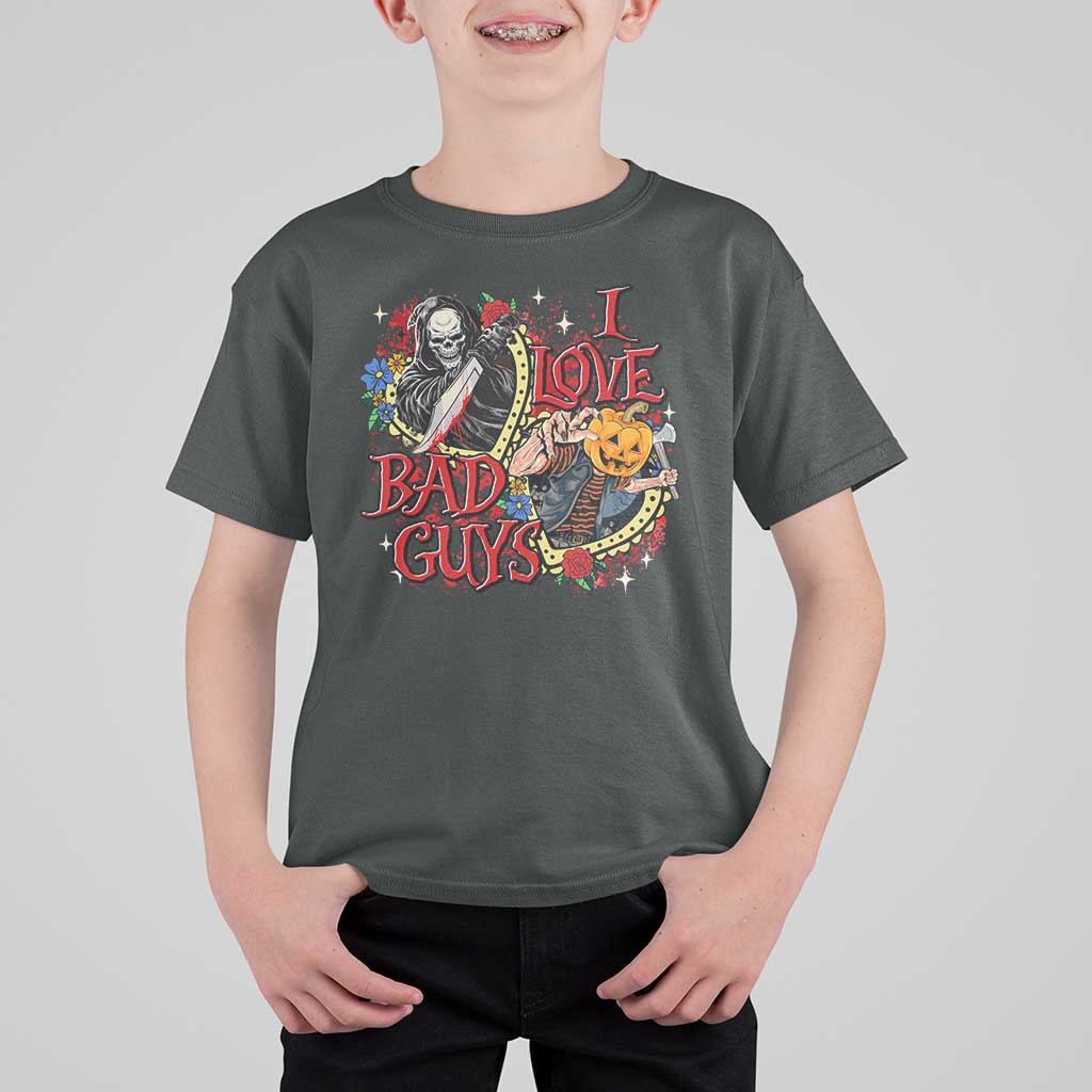 Funny Halloween T Shirt For Kid I Love Bad Guys Scary Murderer Horror Skeleton Pumpkin Heart Rose - Wonder Print Shop