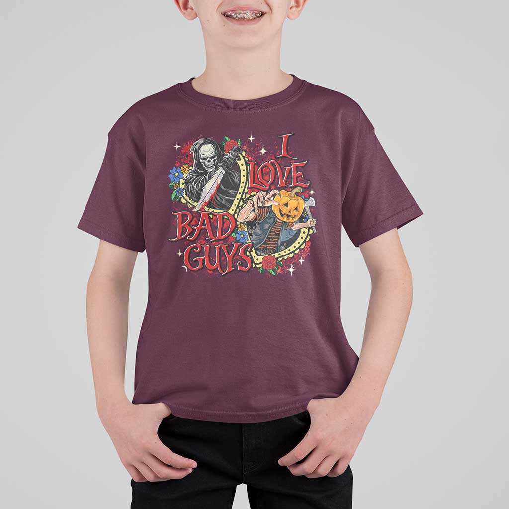 Funny Halloween T Shirt For Kid I Love Bad Guys Scary Murderer Horror Skeleton Pumpkin Heart Rose - Wonder Print Shop