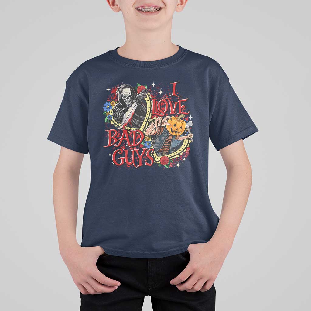 Funny Halloween T Shirt For Kid I Love Bad Guys Scary Murderer Horror Skeleton Pumpkin Heart Rose - Wonder Print Shop