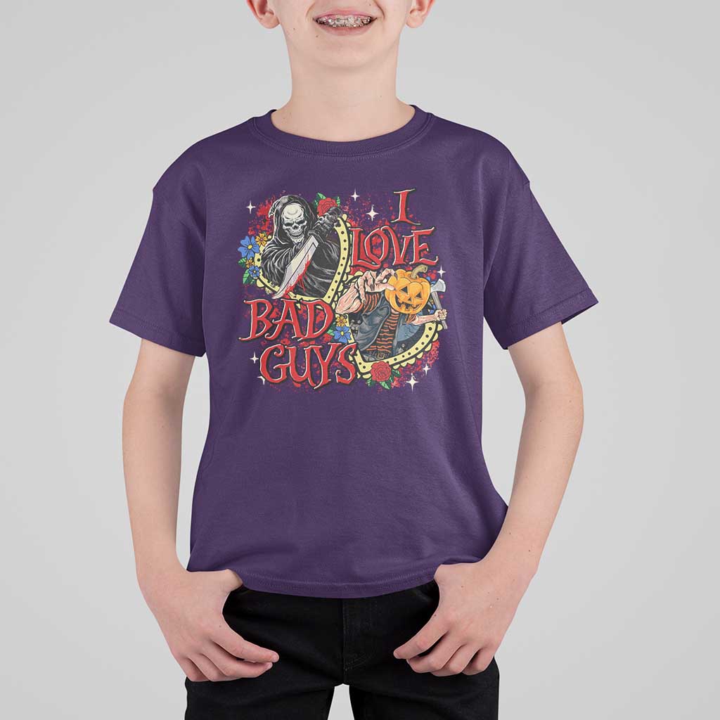 Funny Halloween T Shirt For Kid I Love Bad Guys Scary Murderer Horror Skeleton Pumpkin Heart Rose - Wonder Print Shop