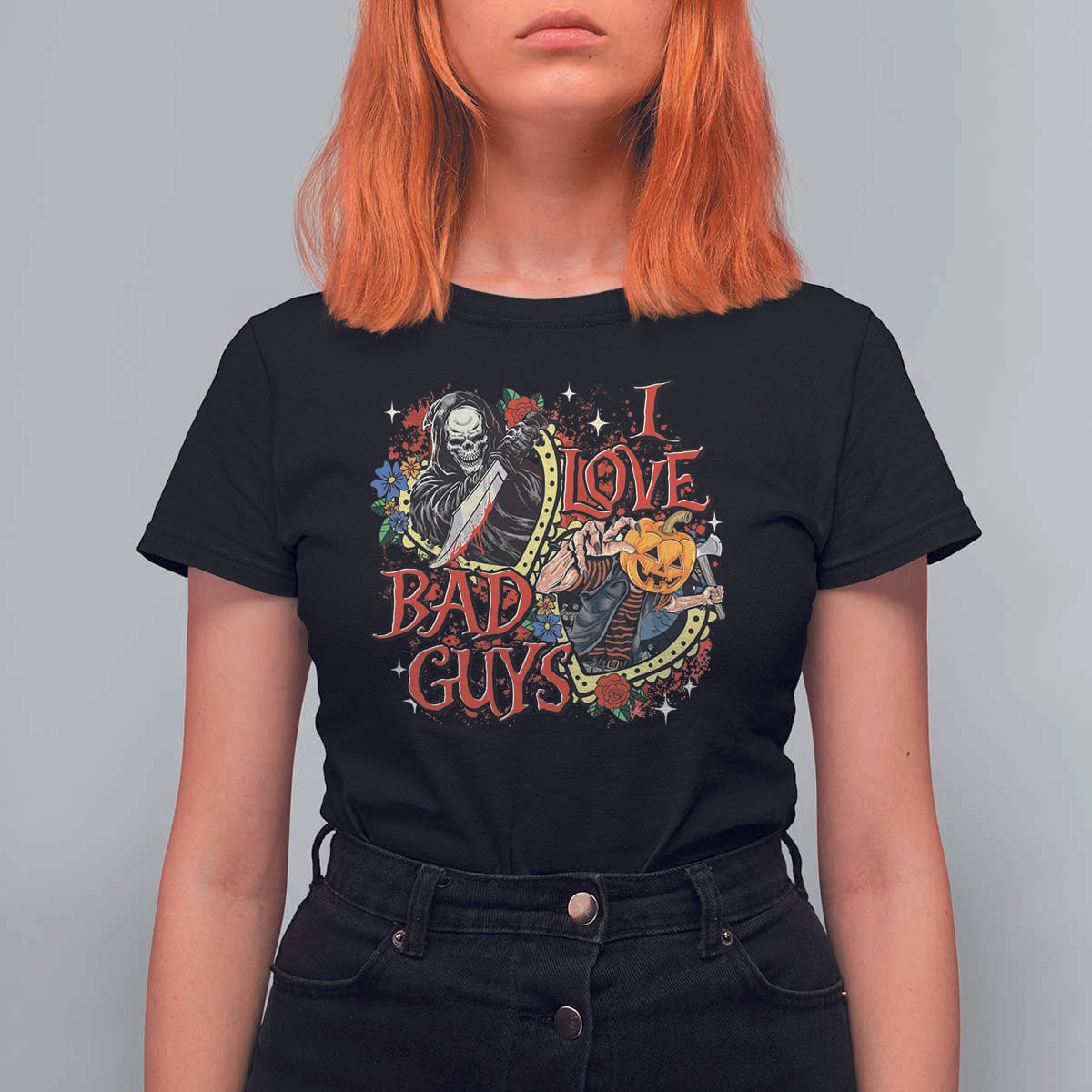 Funny Halloween T Shirt For Women I Love Bad Guys Scary Murderer Horror Skeleton Pumpkin Heart Rose - Wonder Print Shop