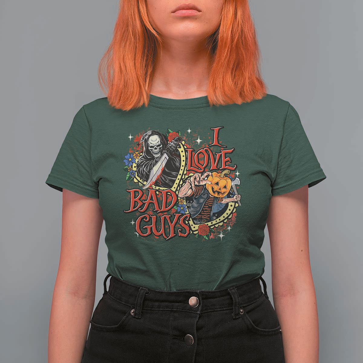 Funny Halloween T Shirt For Women I Love Bad Guys Scary Murderer Horror Skeleton Pumpkin Heart Rose - Wonder Print Shop