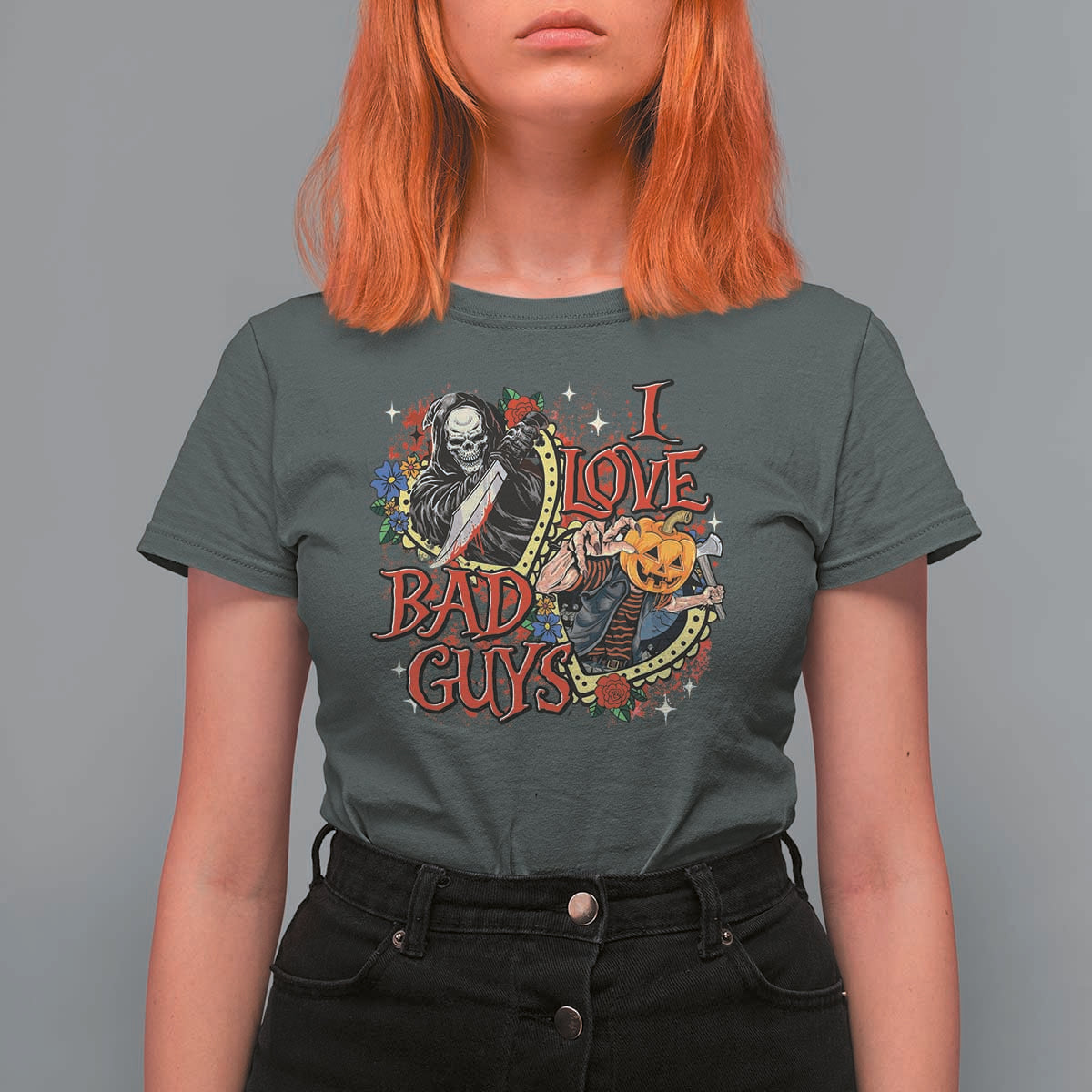 Funny Halloween T Shirt For Women I Love Bad Guys Scary Murderer Horror Skeleton Pumpkin Heart Rose - Wonder Print Shop