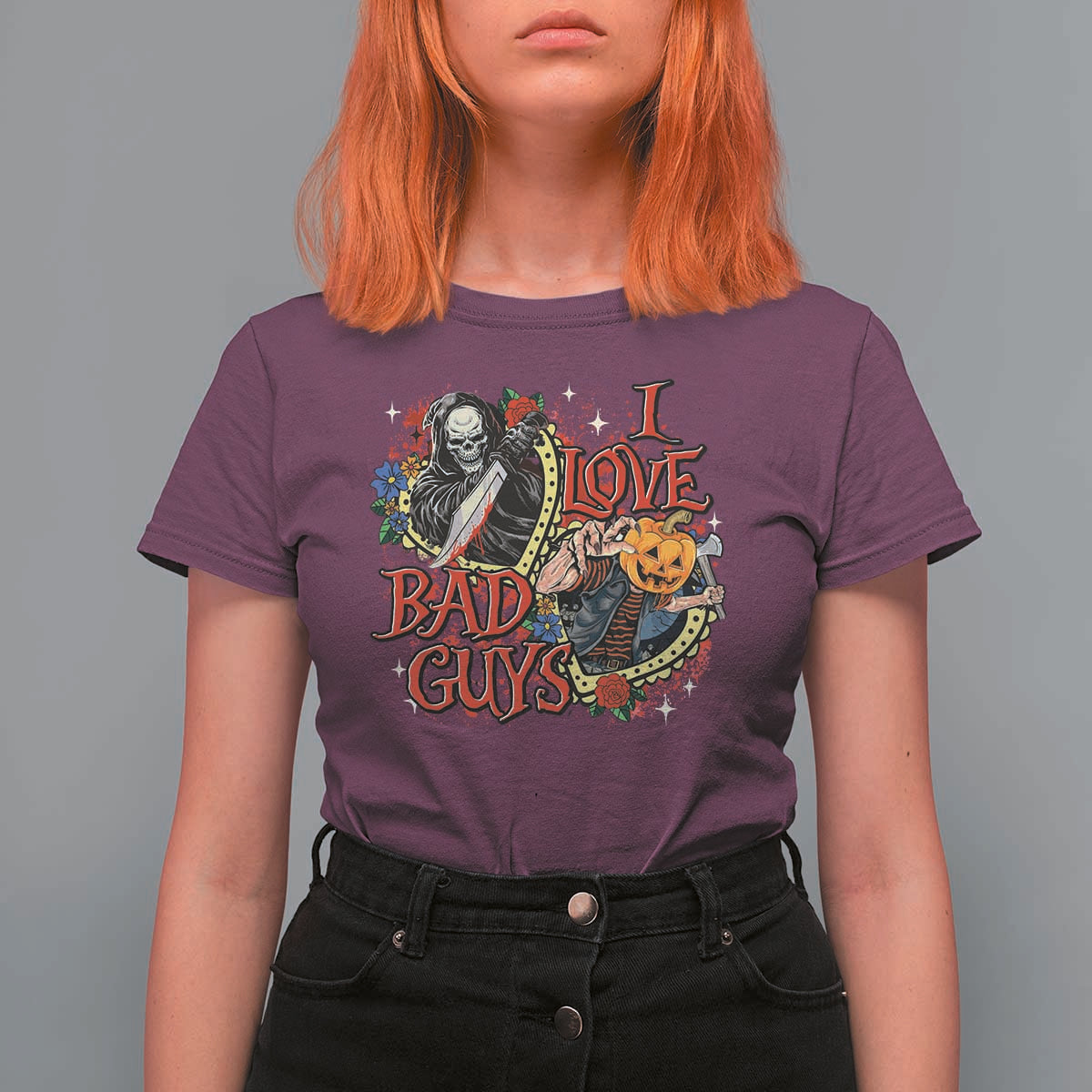 Funny Halloween T Shirt For Women I Love Bad Guys Scary Murderer Horror Skeleton Pumpkin Heart Rose - Wonder Print Shop