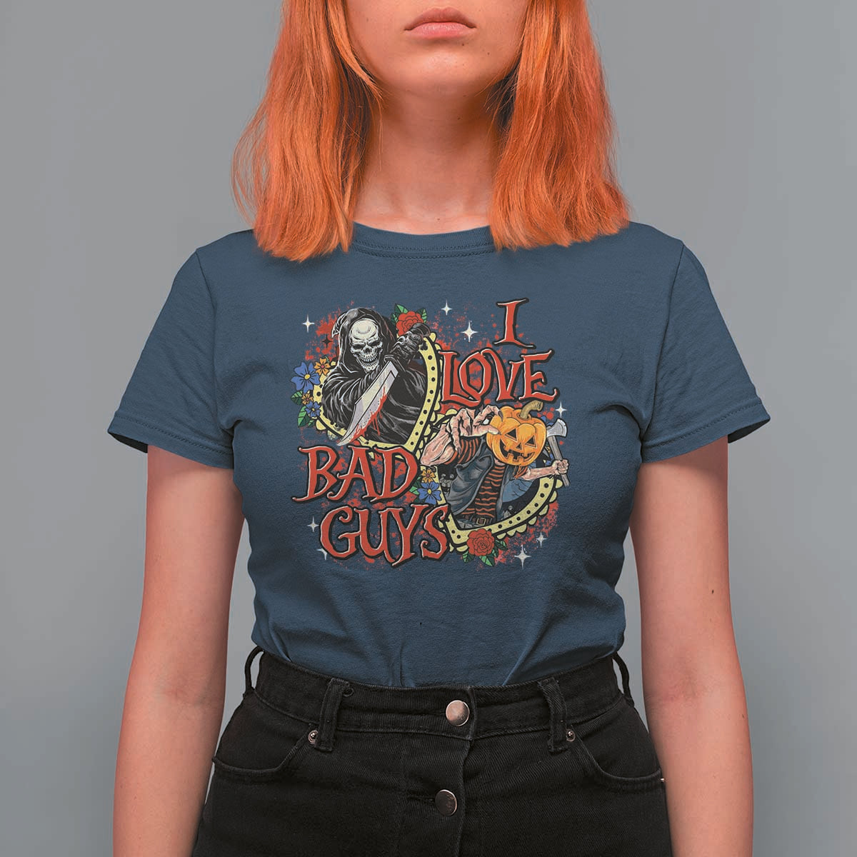 Funny Halloween T Shirt For Women I Love Bad Guys Scary Murderer Horror Skeleton Pumpkin Heart Rose - Wonder Print Shop