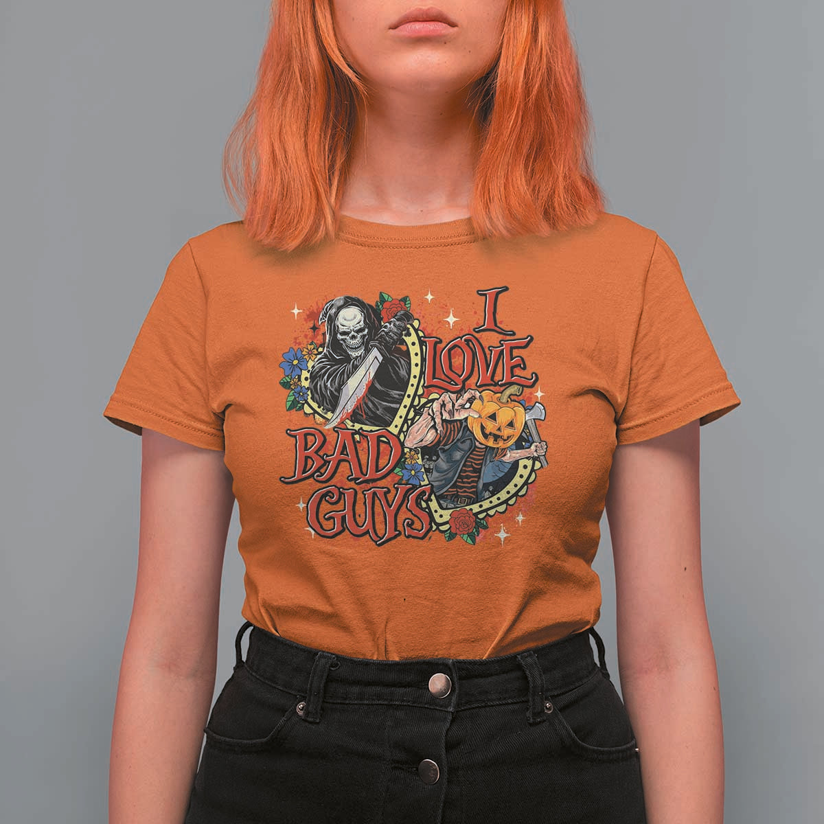 Funny Halloween T Shirt For Women I Love Bad Guys Scary Murderer Horror Skeleton Pumpkin Heart Rose - Wonder Print Shop