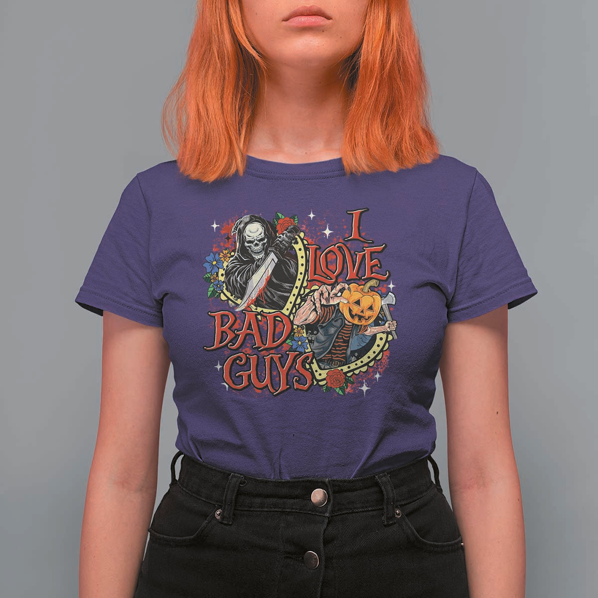 Funny Halloween T Shirt For Women I Love Bad Guys Scary Murderer Horror Skeleton Pumpkin Heart Rose - Wonder Print Shop