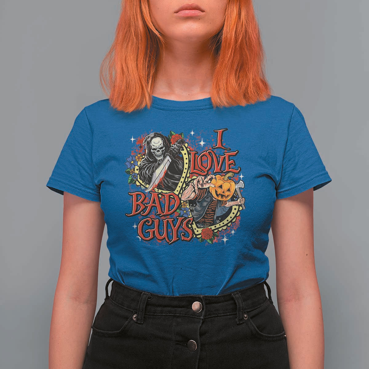 Funny Halloween T Shirt For Women I Love Bad Guys Scary Murderer Horror Skeleton Pumpkin Heart Rose - Wonder Print Shop