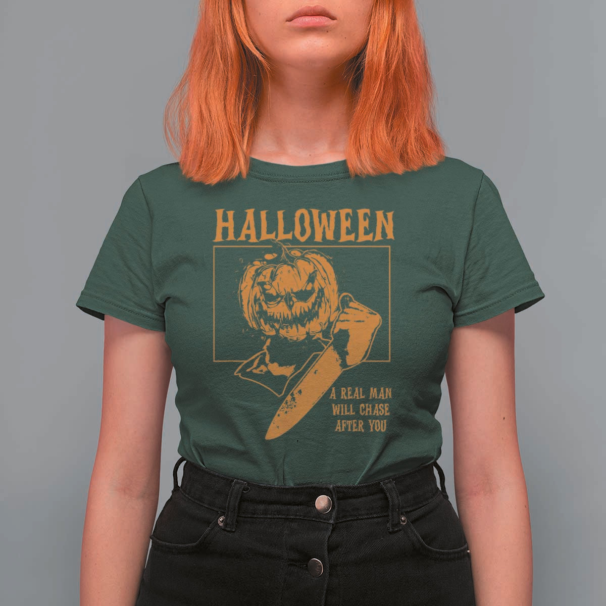 Funny Halloween T Shirt For Women A Real Man Will Chase After You Pumpkin Knife Murderer - Wonder Print Shop