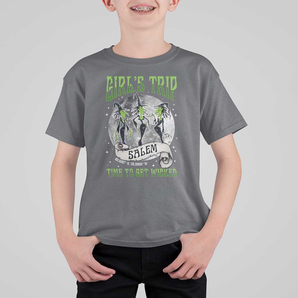 Halloween Witches T Shirt For Kid Girl's Trip Salem Time To Get Wicked Moon - Wonder Print Shop