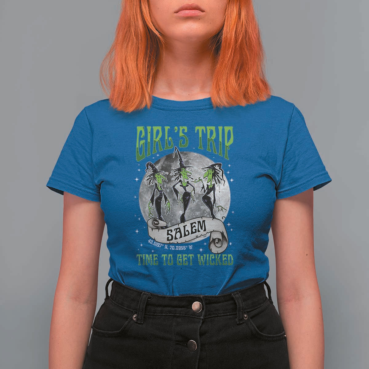 Halloween Witches T Shirt For Women Girl's Trip Salem Time To Get Wicked Moon - Wonder Print Shop