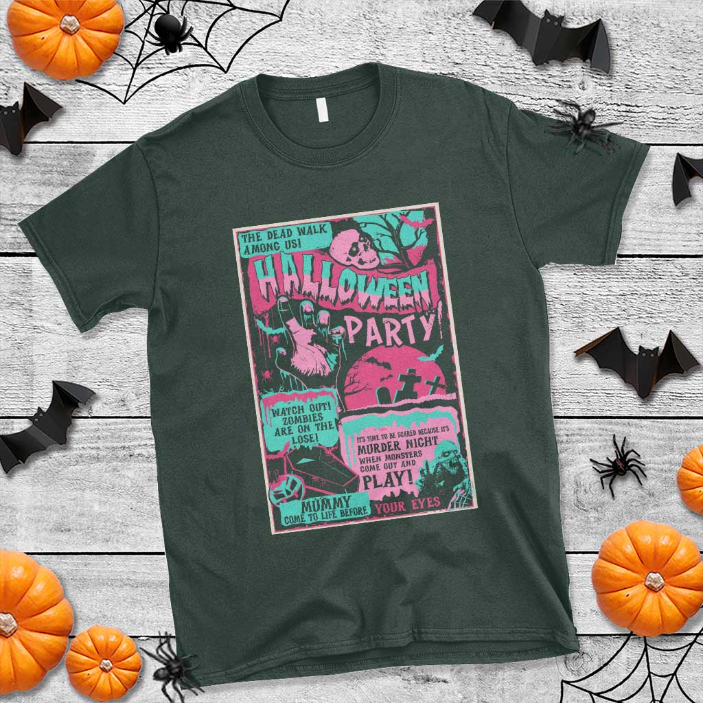 Halloween Party Poster T Shirt Terror Old Time Halloween Horror Movies Characters Skull Mummy Grave - Wonder Print Shop