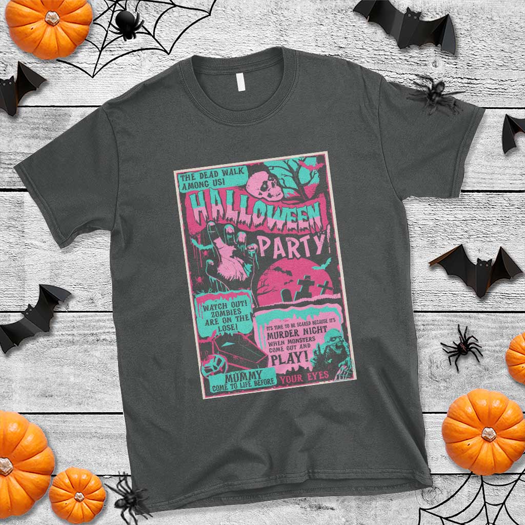 Halloween Party Poster T Shirt Terror Old Time Halloween Horror Movies Characters Skull Mummy Grave - Wonder Print Shop