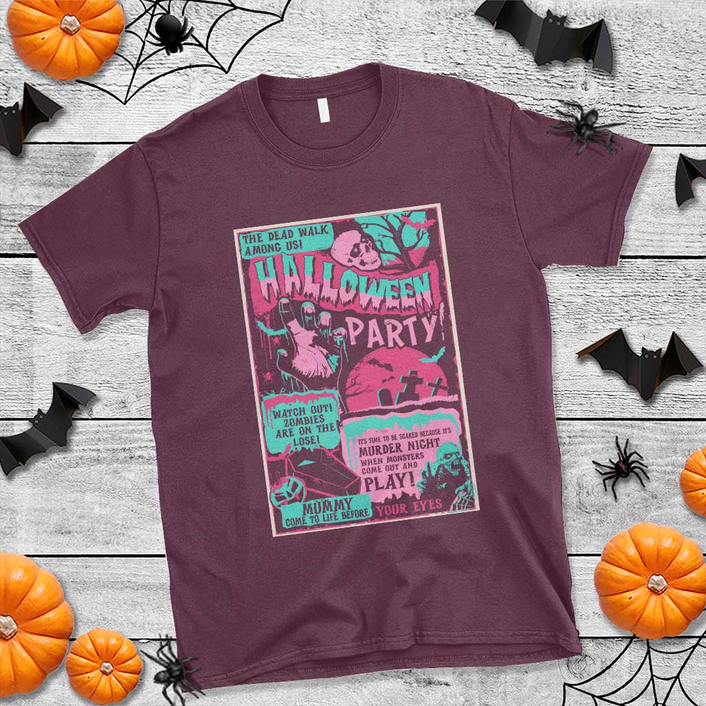 Halloween Party Poster T Shirt Terror Old Time Halloween Horror Movies Characters Skull Mummy Grave - Wonder Print Shop