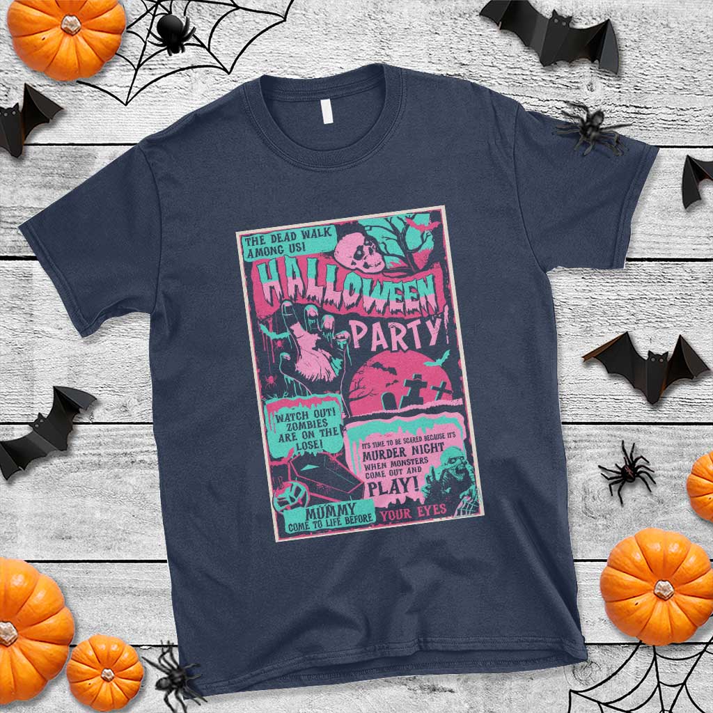 Halloween Party Poster T Shirt Terror Old Time Halloween Horror Movies Characters Skull Mummy Grave - Wonder Print Shop