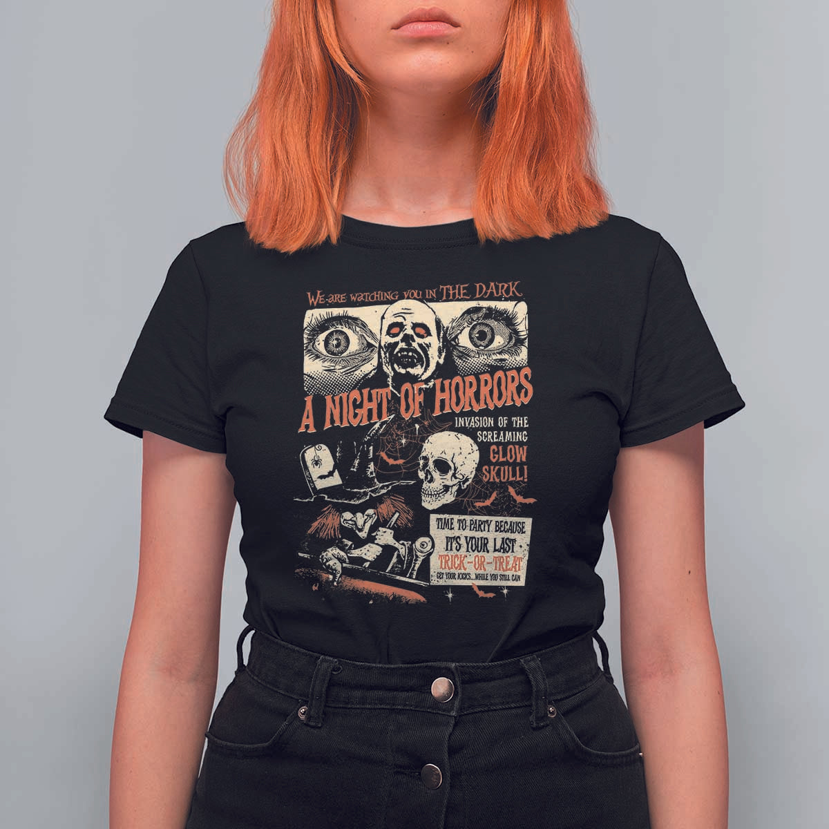 Halloween T Shirt For Women Vintage Horror Movies Poster Skull Witch Grave Zombie - Wonder Print Shop