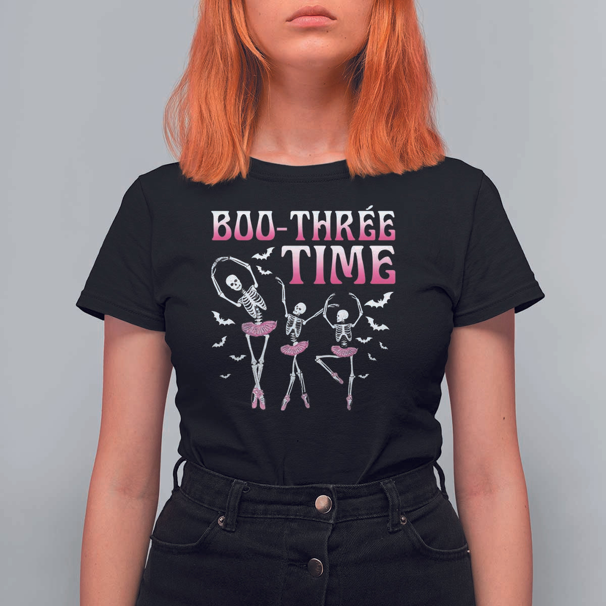 Funny Halloween Ballet T Shirt For Women Boo Three Time Bourree Skeleton Dancer Bat - Wonder Print Shop