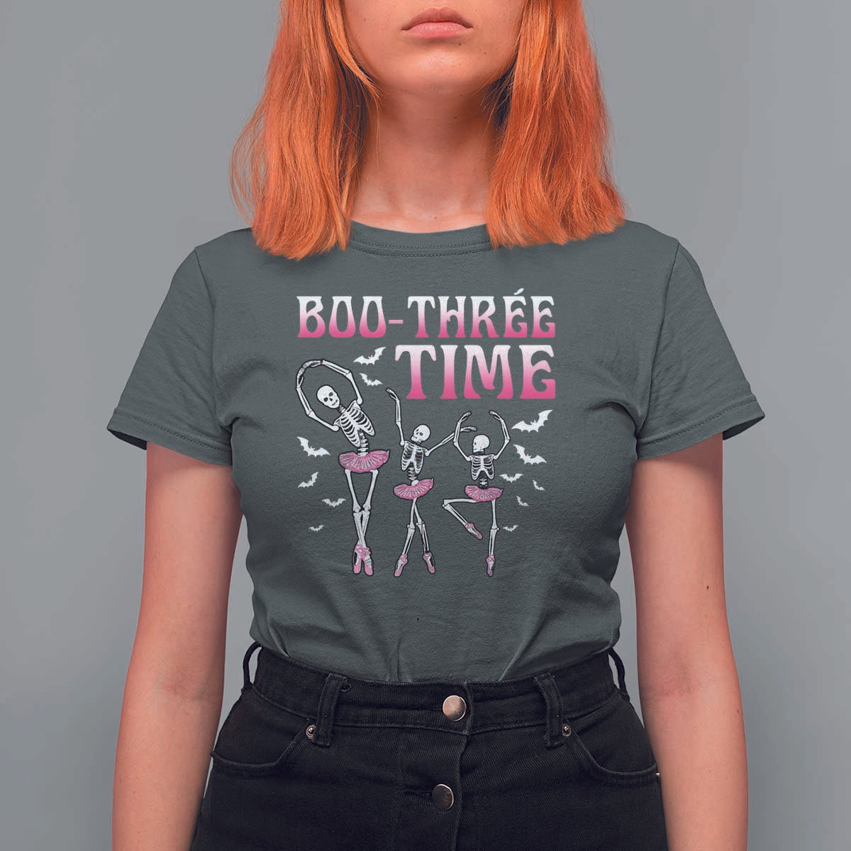 Funny Halloween Ballet T Shirt For Women Boo Three Time Bourree Skeleton Dancer Bat - Wonder Print Shop