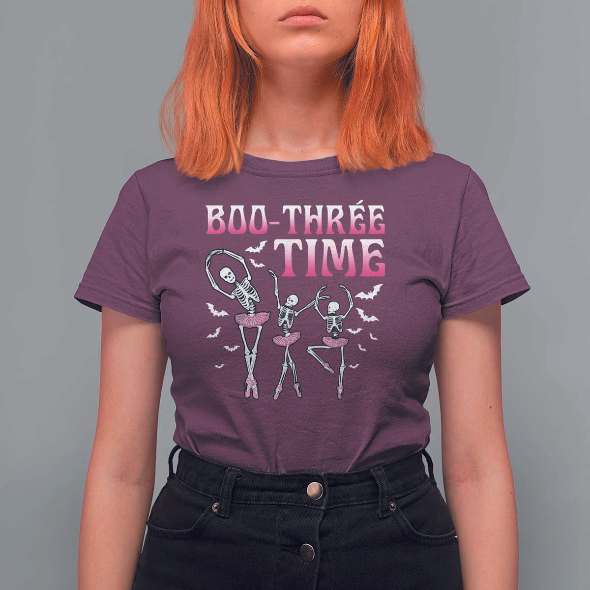 Funny Halloween Ballet T Shirt For Women Boo Three Time Bourree Skeleton Dancer Bat - Wonder Print Shop