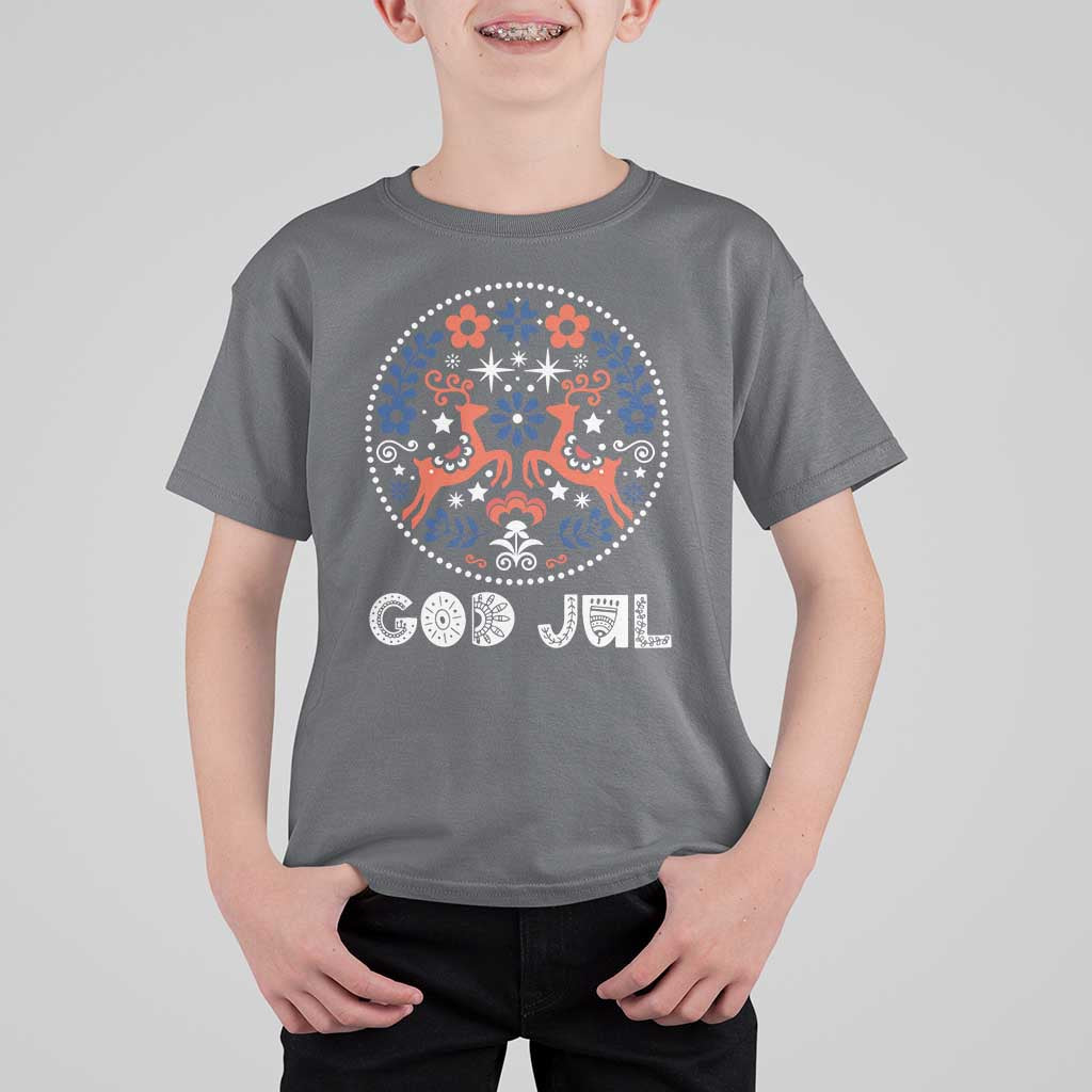 Yule God Jul T Shirt For Kid Folk Art Scandinavian Reindeers - Wonder Print Shop