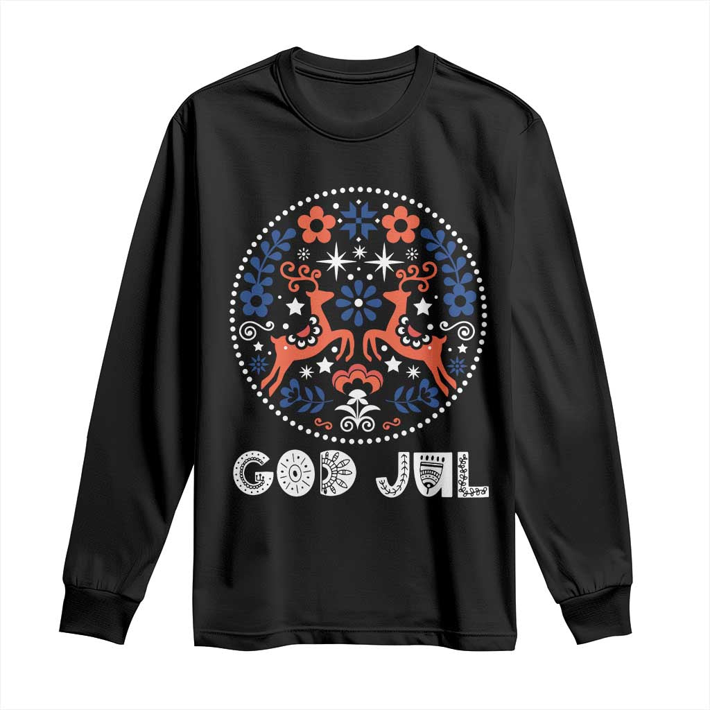 Yule God Jul Long Sleeve Shirt Folk Art Scandinavian Reindeers