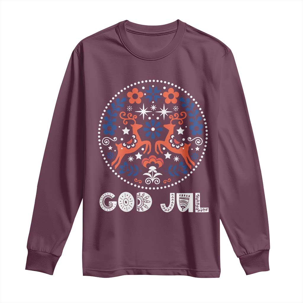 Yule God Jul Long Sleeve Shirt Folk Art Scandinavian Reindeers