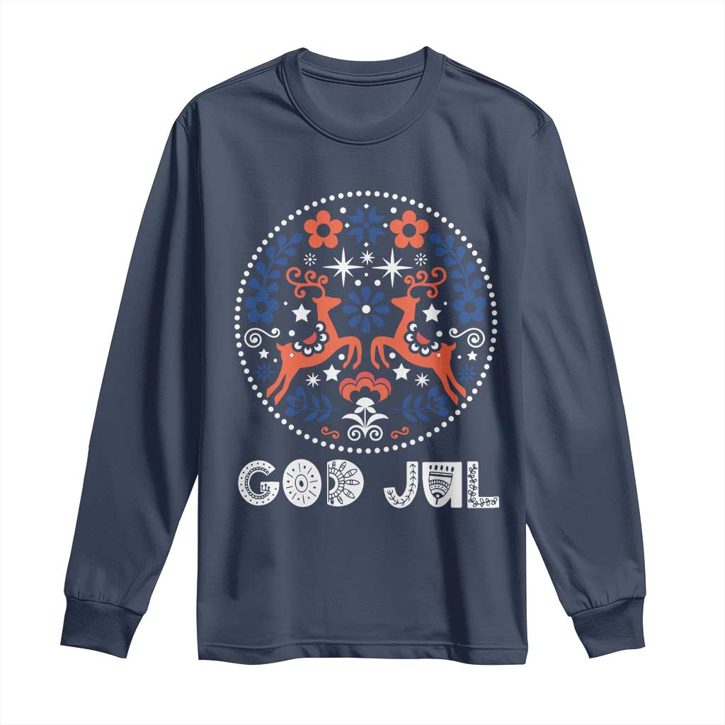 Yule God Jul Long Sleeve Shirt Folk Art Scandinavian Reindeers