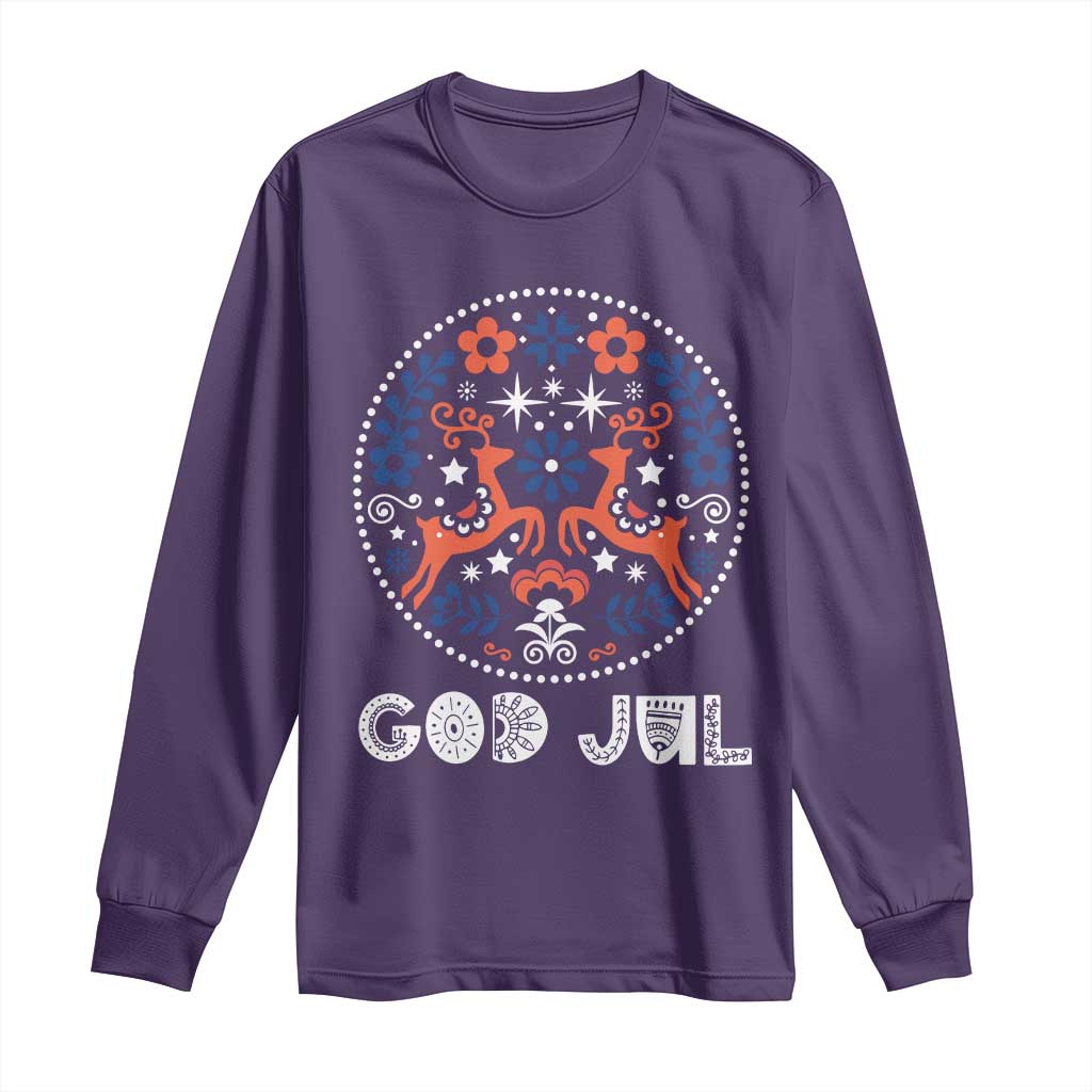 Yule God Jul Long Sleeve Shirt Folk Art Scandinavian Reindeers