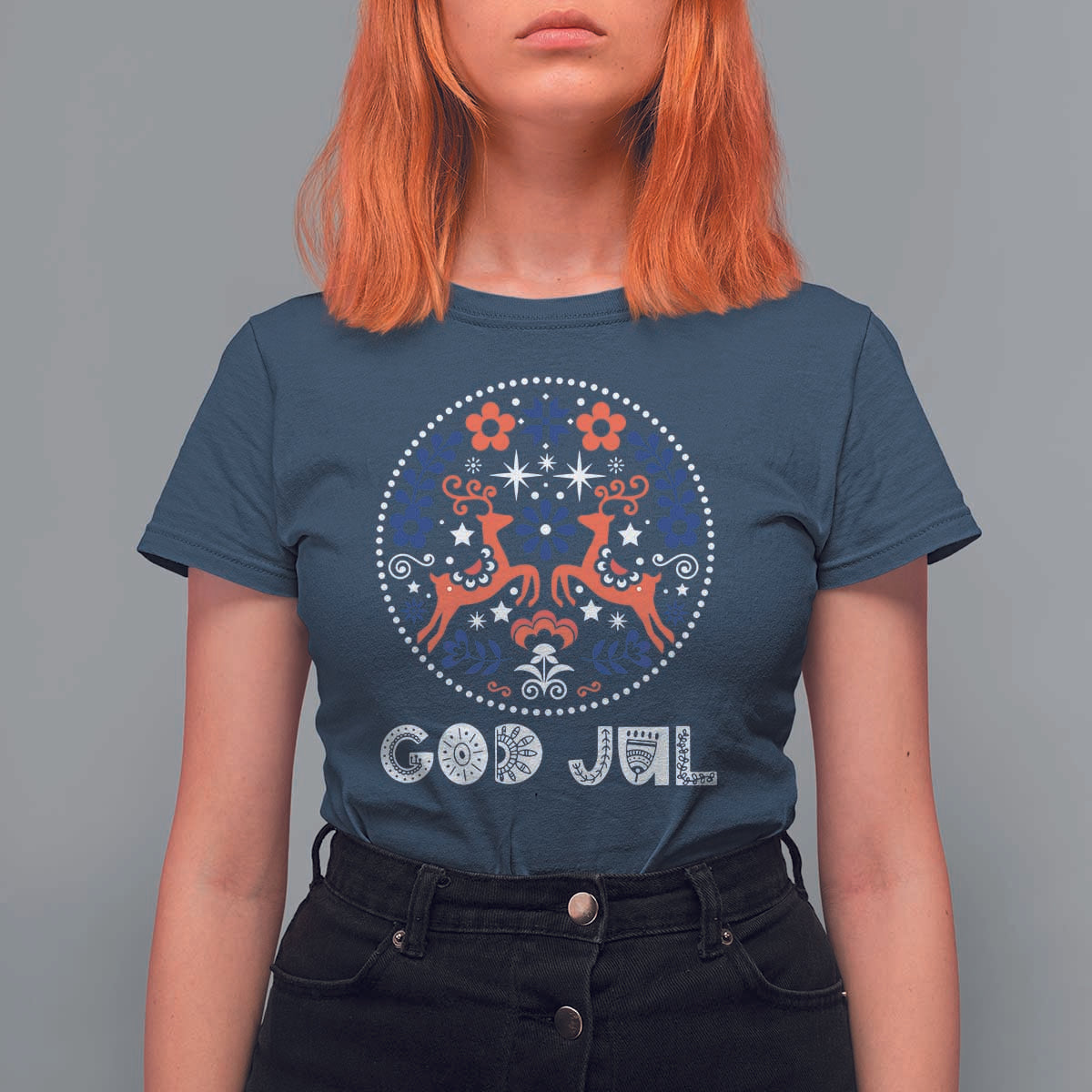 Yule God Jul T Shirt For Women Folk Art Scandinavian Reindeers - Wonder Print Shop