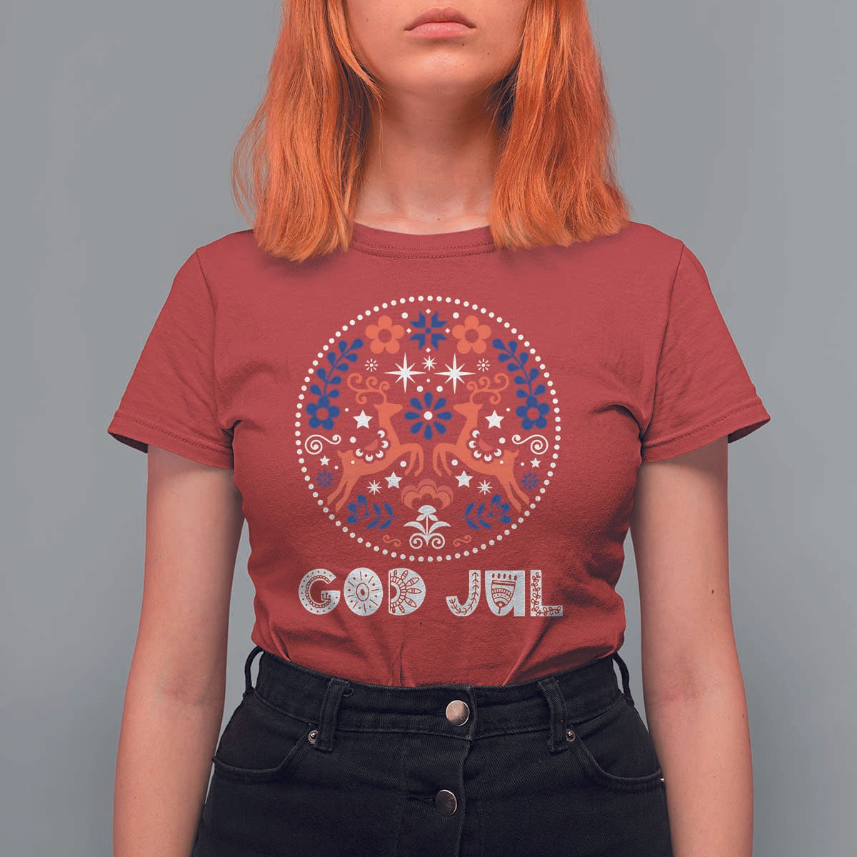 Yule God Jul T Shirt For Women Folk Art Scandinavian Reindeers - Wonder Print Shop