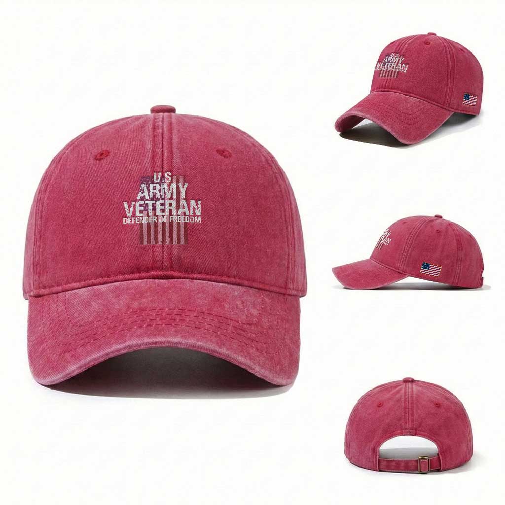 Patriotic Veterans Washed Cotton Baseball Cap U.S Army Veteran Defender Of Freedom