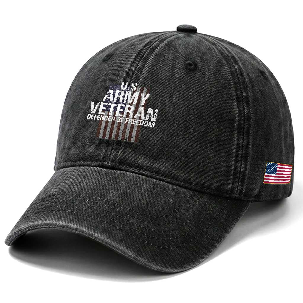 Patriotic Veterans Washed Cotton Baseball Cap U.S Army Veteran Defender Of Freedom