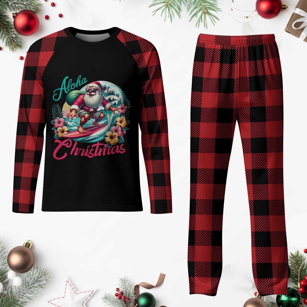 Xmas In Hawaii Plaid Pajama Set Aloha Xmas Santa Surfing Hibiscus Flower - Wonder Print Shop