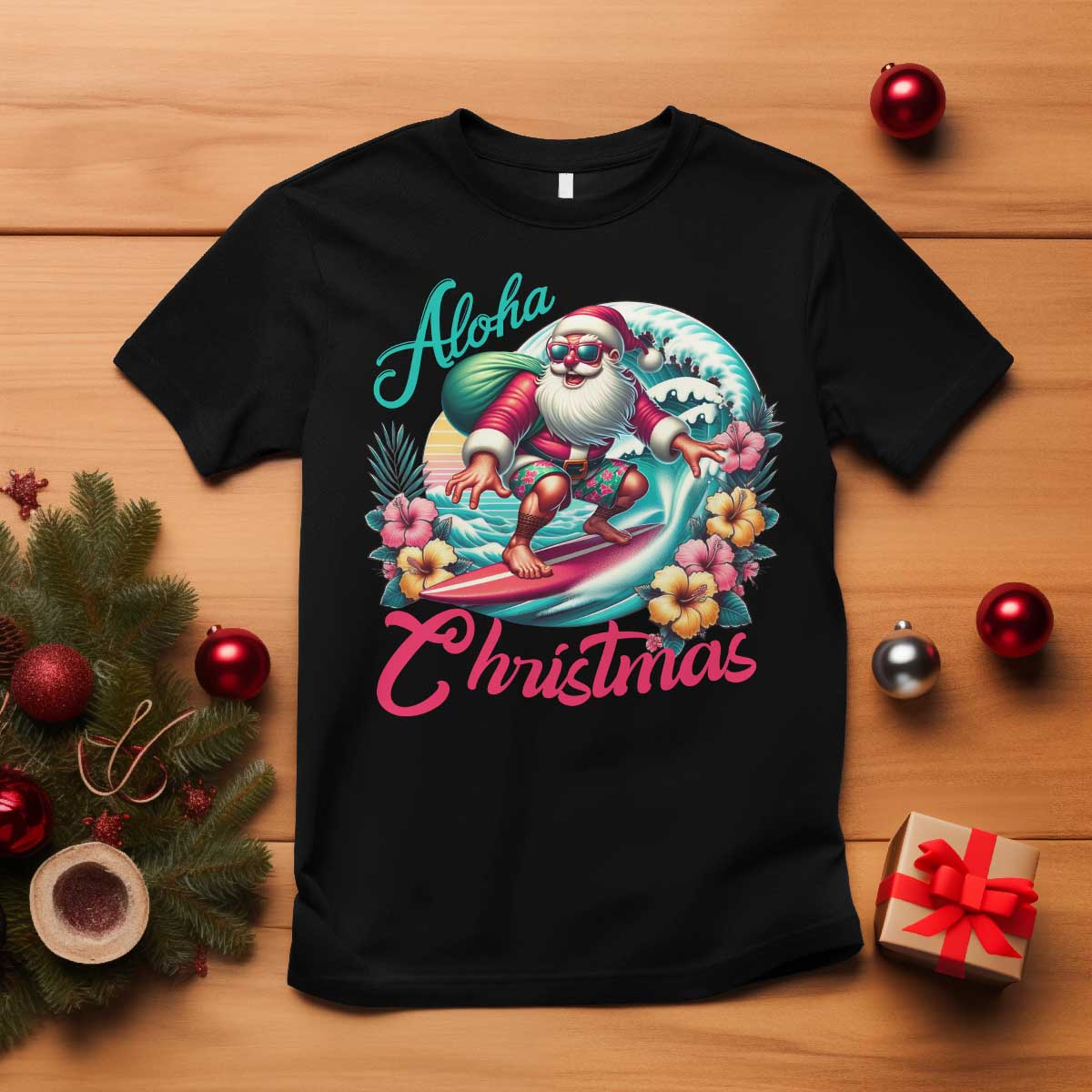 Xmas In Hawaii T Shirt Aloha Christmas Santa Surfing Hibiscus Flower - Wonder Print Shop
