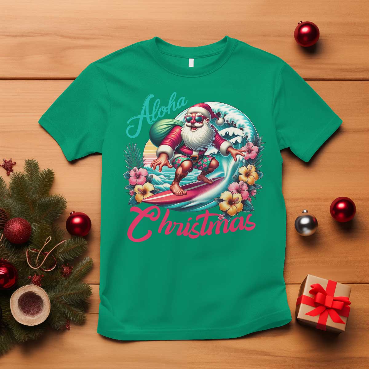 Xmas In Hawaii T Shirt Aloha Christmas Santa Surfing Hibiscus Flower - Wonder Print Shop