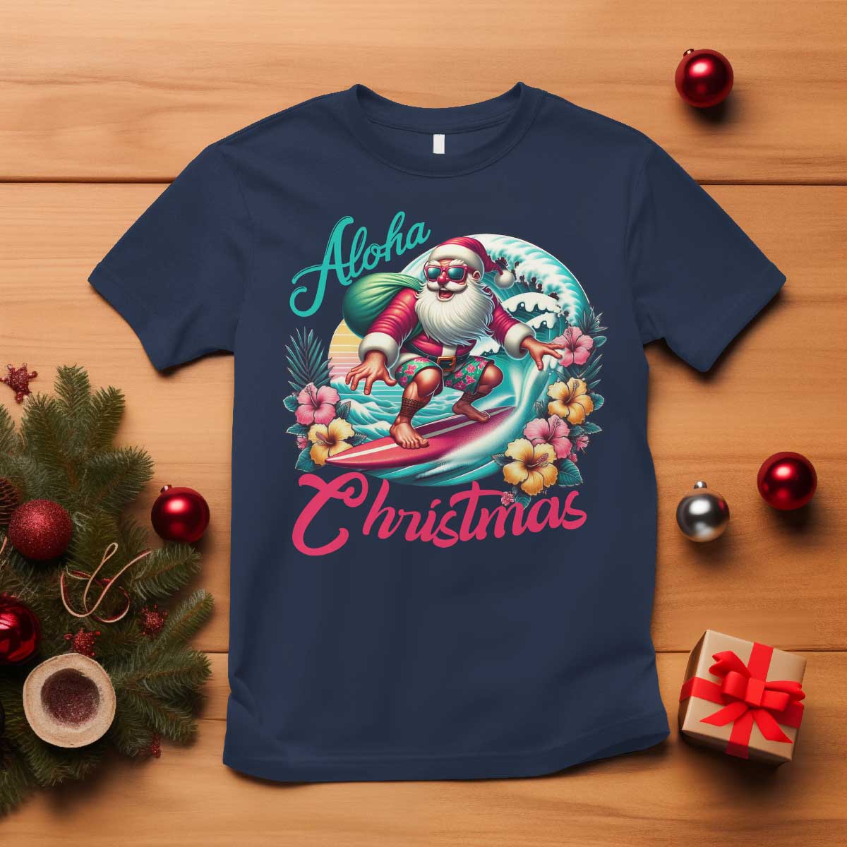 Xmas In Hawaii T Shirt Aloha Christmas Santa Surfing Hibiscus Flower - Wonder Print Shop