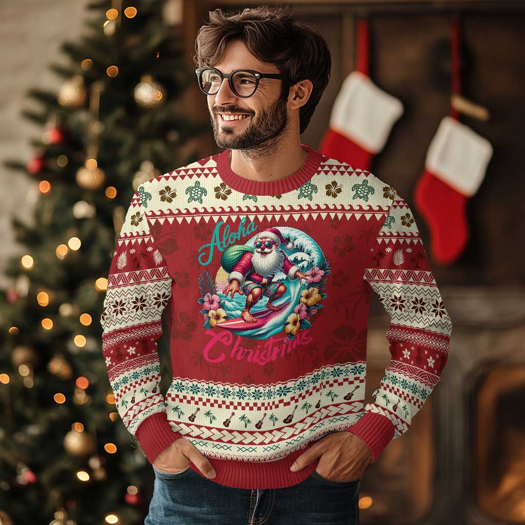 Xmas In Hawaii Ugly Christmas Sweater Aloha Christmas Santa Surfing Hibiscus Flower - Wonder Print Shop