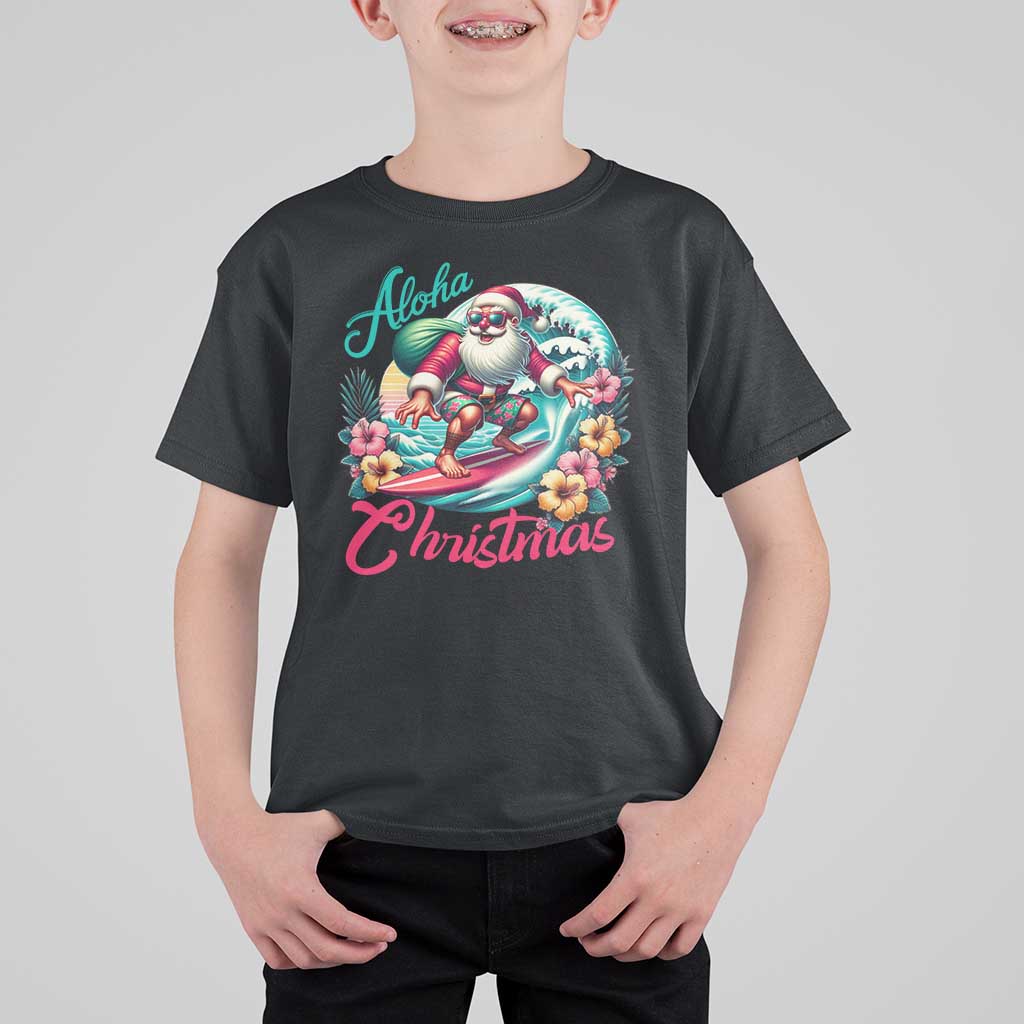 Xmas In Hawaii T Shirt For Kid Aloha Christmas Santa Surfing Hibiscus Flower - Wonder Print Shop