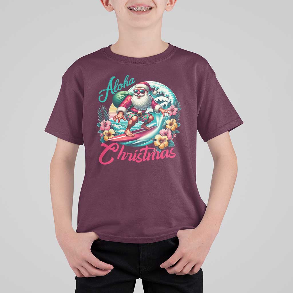 Xmas In Hawaii T Shirt For Kid Aloha Christmas Santa Surfing Hibiscus Flower - Wonder Print Shop