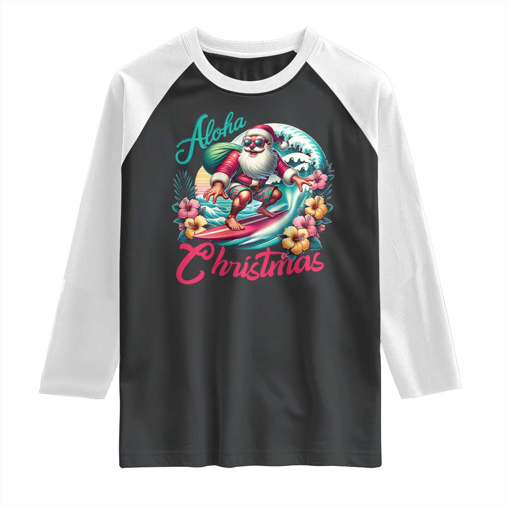 Christmas In Hawaii Raglan Shirt Aloha Christmas Santa Surfing Hibiscus Flower - Wonder Print Shop
