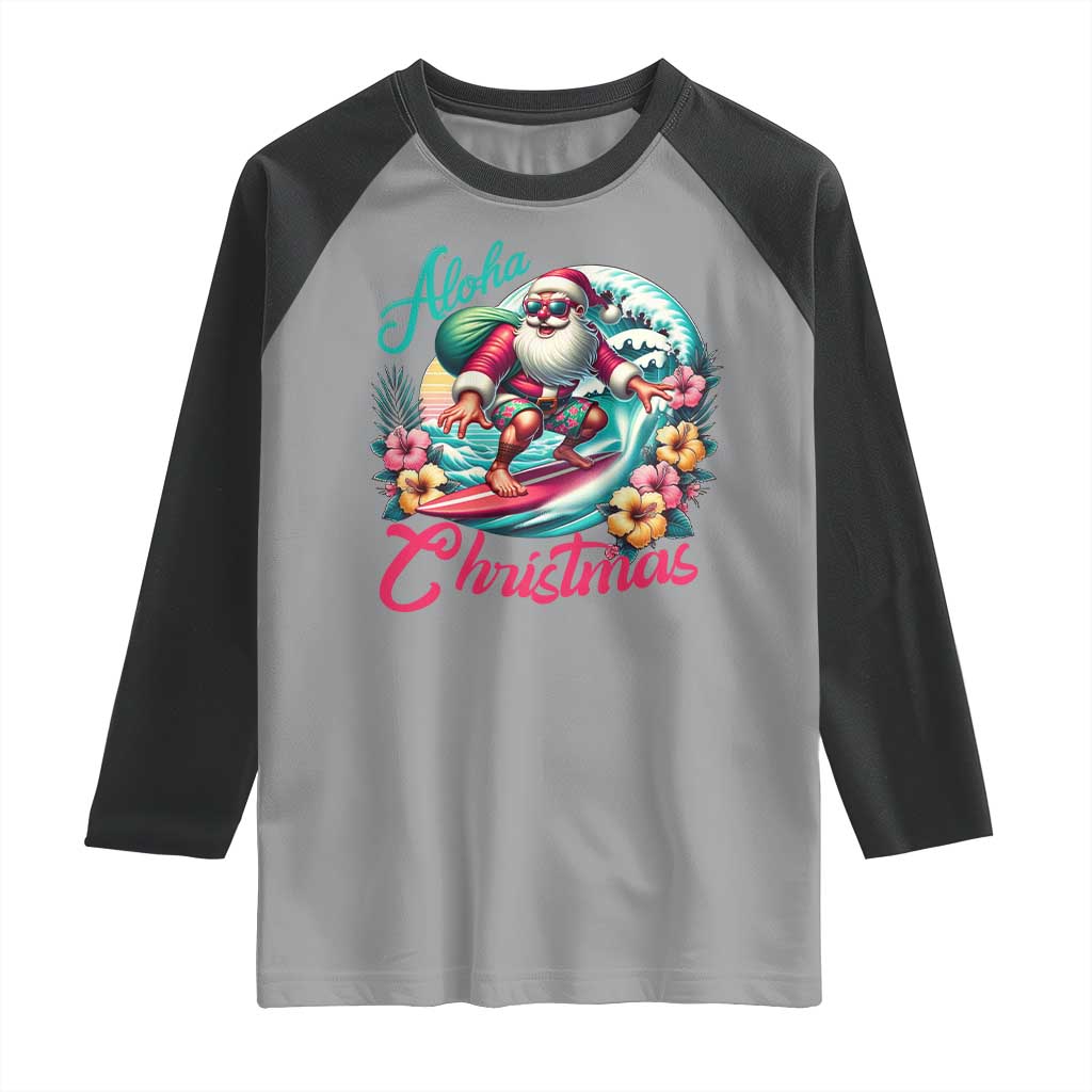 Christmas In Hawaii Raglan Shirt Aloha Christmas Santa Surfing Hibiscus Flower - Wonder Print Shop